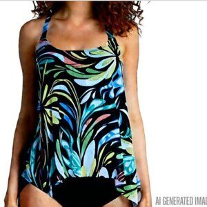 Coco Reef Underwire Slimming Mesh Tankini Black Floral Ultra Fit Swim Top 34C